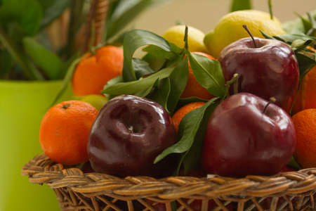 Apples, oranges, lemons in an autumn basketの写真素材
