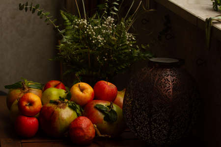 Collection of red and orange fruits in Autumnの写真素材