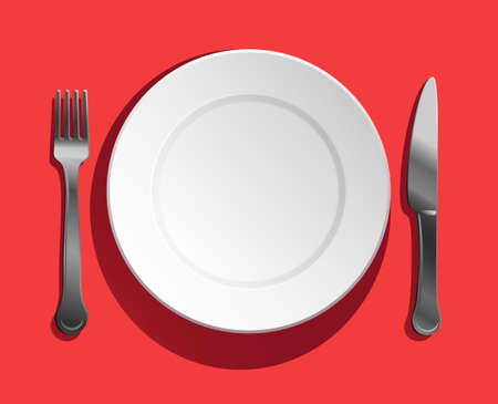 top view of empty white porcelain plate with fork and knife set on background.のイラスト素材