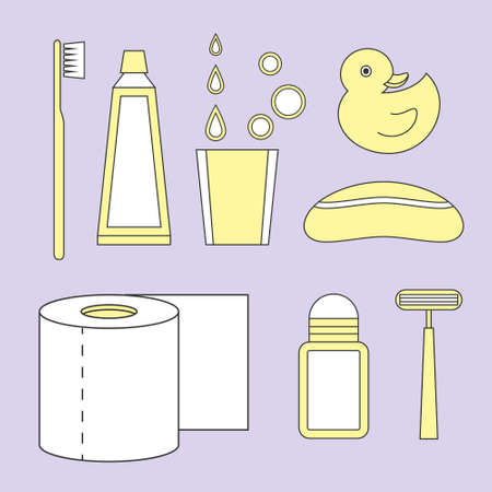 bathroom Icons: toothbrush, toothpaste, cup, drop, duck, cute, toilet paper, deodorant, razorのイラスト素材