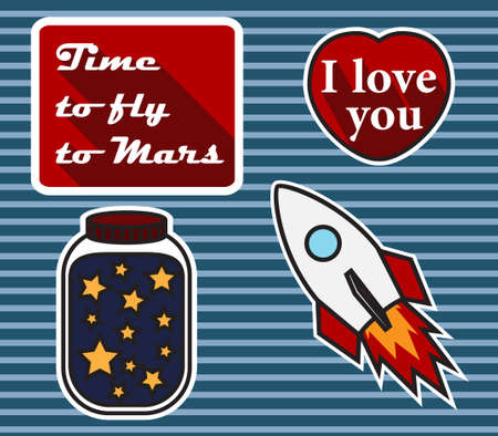 applique for T-shirt Print. vector illustration bottle with stars, "I love you" rocket, "time to fly to Mars".のイラスト素材