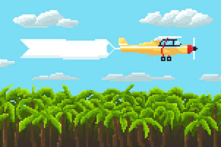 airplane with poster and palm trees. pixel vector illustration.のイラスト素材