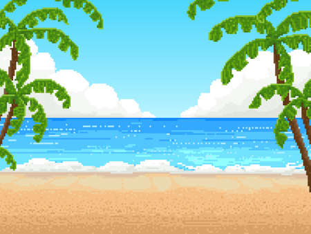 Retro pixel 8 bit background. beach, palmのイラスト素材