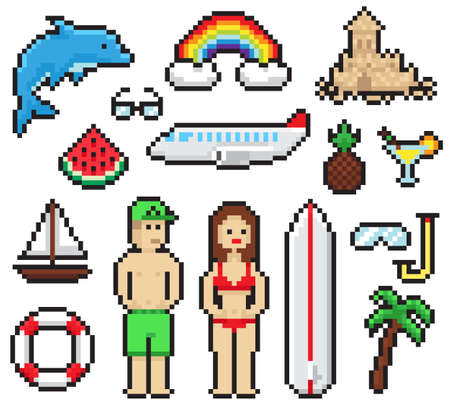 Pixel art style beach set. Vector illustration.のイラスト素材