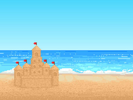 landscape. sea and sand castle. pixel vector illustration. 8 bitのイラスト素材
