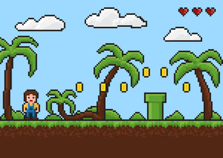 Old style pixel game , tropical adventure 8bit vector illustrationのイラスト素材