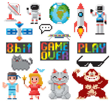 Set of minimalistic pixel art vector objects isolated. game 8 bit style minimalistic pixel graphic symbols group collection.のイラスト素材