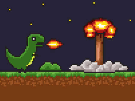 Pixel art 8-bit game scene. background with dragon, fire, nuclear explosion
