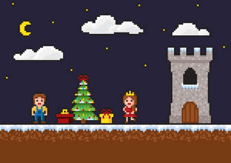 Pixel art 8-bit game scene. New Year background with a Christmas tree, gifts, a princess,