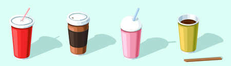 4 cups, drinks, coffee, cocktails, water, objects, isometricのイラスト素材