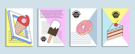 Retro art for 4 covers. A flyer with ice cream, a cake, a donut.のイラスト素材