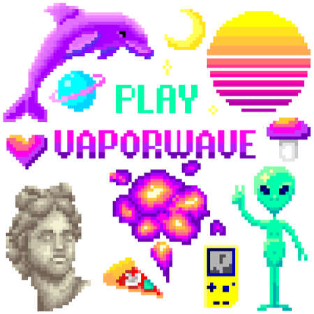 Pixel set, vaporwave, bright design for retro compositions, 8 bit gamesのイラスト素材