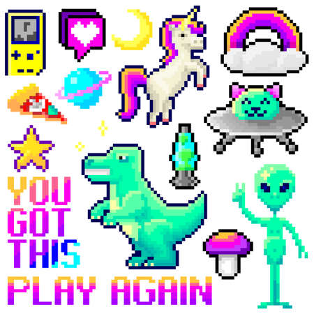 vector set of pixel elements in vaporwave style, for posters, creating retro covers, for games, for advertisingのイラスト素材