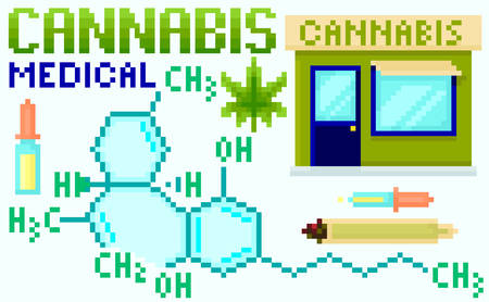 Medical marijuana. Computer pixel game, formula Cannabis organic hemp. vector set for designのイラスト素材