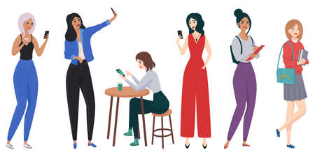 Young people, woman, using technology gadget, smartphone, mobile phone,のイラスト素材