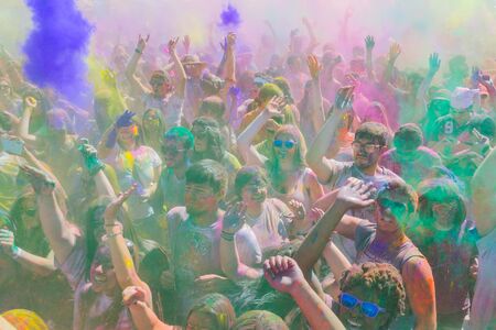 Norwalk, California, USA - March 7, 2015: People celebrating during the color throw at the Holi Festival of Colorsのeditorial素材