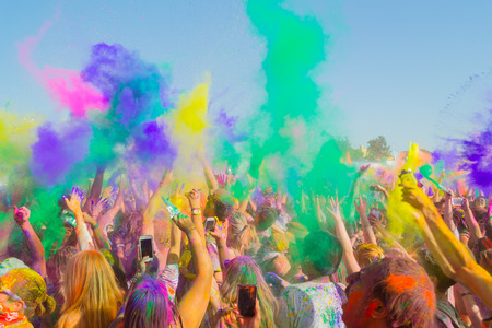 Norwalk, California, USA - March 7, 2015: People celebrating during the color throw at the Holi Festival of Colors