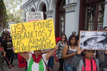 Los Angeles, California, USA - March 22, 2015 - Relatives of the 43 students who disappeared in Mexico packed the streets of downtown Los Angeles to bring attention to their cause and seek support.のeditorial素材