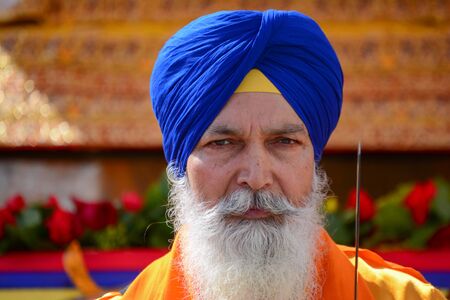 Los Angeles, CA, USA- April 5, 2015: Devotee Sikh with blue turban at the Anniversary of Baisakhi celebration.のeditorial素材