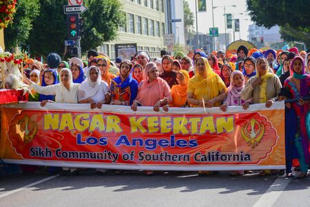 Los Angeles CA USA April 5 2015: Devotee Sikhs marching at the Anniversary of Baisakhi celebration.のeditorial素材