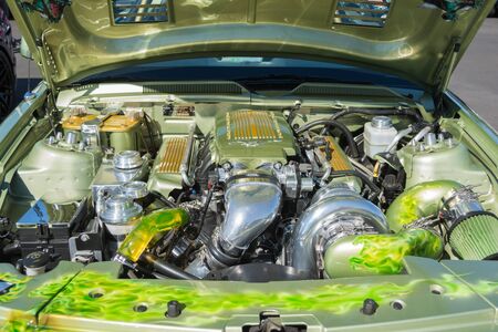 Van Nuys, CA - USA - September 20, 2015:  Ford Mustang custom engine on display at The 4th Annual Galpin Car Show.のeditorial素材