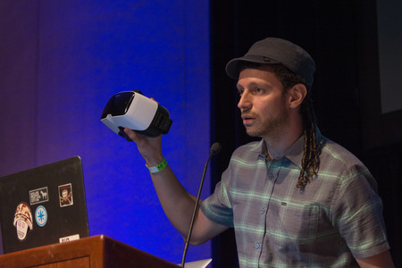 Los Angeles, CA - USA - August 29, 2015: Vangelis Lympouridis, PhD Project Coordinator at School of Cinematic Arts - MxR Studio during VRLA Expo, virtual reality exposition, event at the Los Angeles Convention Center in Los Angeles.のeditorial素材