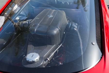 Pasadena, USA - April 24, 2016: Ferrari LaFerrari engine on display at the 9th Annual Concorso...