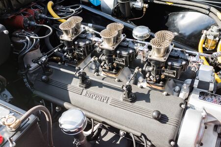 Pasadena, USA - April 24, 2016: Old Ferrari V12 Engine on display at the 9th Annual Concorso Ferrari...