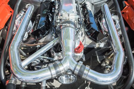 Pomona, USA - March 12, 2016: Customized muscle car engine displayed during 3rd Annual Street...