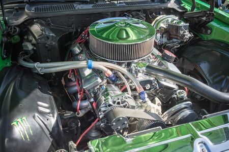 Pomona, USA - March 12, 2016: Customized muscle car engine displayed during 3rd Annual Street...