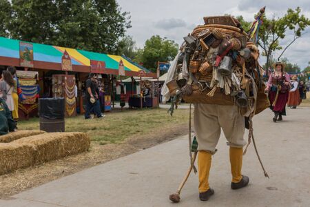 Irwindale, CA - USA - May 07, 2016: Man with medieval traveler costume during The 54th Annual Renaissance Pleasure Faire.のeditorial素材