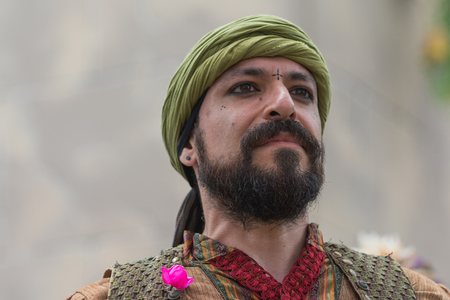 Irwindale, CA - USA - May 07, 2016: Man with medieval costume performing during The 54th Annual Renaissance Pleasure Faire.のeditorial素材