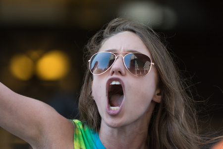 Los Angeles, USA - July 12, 2016 -  Black lives matter protestor shouting during march on City Hall following ruling on LAPD fatal shooting of African American female Redel Jonesのeditorial素材
