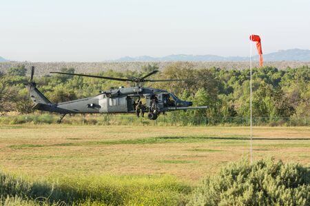 Lakeview Terrace, USA - June 18, 2016: U.S. Army Sikorsky UH-60 Black Hawk helicopter  during Los Angeles American Heroes Air Show, event designed to educate the public about rotary-wing aviation.のeditorial素材