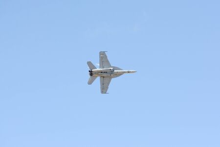 Lancaster, USA - March 25, 2017: U.S. Navy Tac Demo - F/A-18F Super Hornet on display during Los Angeles County Air Show at the William J Fox Airfield.のeditorial素材