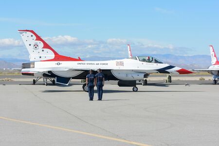 Lancaster, USA - March 25, 2017: Lockheed Martin F-16 Fighting Falcon on display during Los Angeles County Air Show at the William J Fox Airfield.のeditorial素材