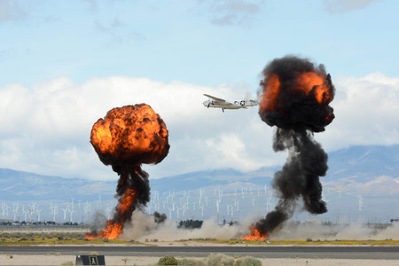 Lancaster, USA - March 25, 2017: North American B-25J Mitchell on display during Los Angeles County Air Show at the William J Fox Airfield.のeditorial素材