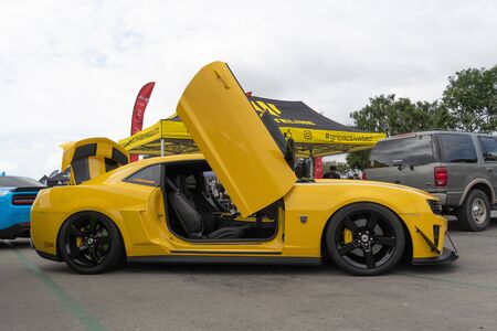 Costa Mesa,USA - April 20, 2019: American muscle car Chevrolet Camaro exhibited at Torqued tour presented by SPOCOM at the OC Fair & Event Center.のeditorial素材