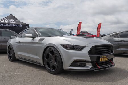 Costa Mesa,USA - April 20, 2019: American muscle car Ford Mustang exhibited at Torqued tour...