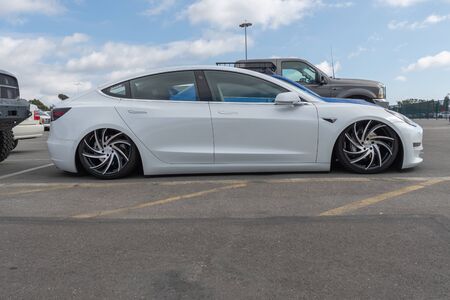 Costa Mesa,USA - April 20, 2019: American electric car Tesla Model 3 exhibited at Torqued tour...