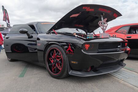 Costa Mesa,USA - April 20, 2019: American muscle car Dodge Challenger exhibited at Torqued tour...