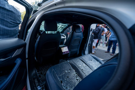 Los Angeles, USA â June 8, 2025: Interior of vandalized autonomous electric vehicle during a downtown demonstration against expanded ICE operations and in support of immigrant rightsの写真素材