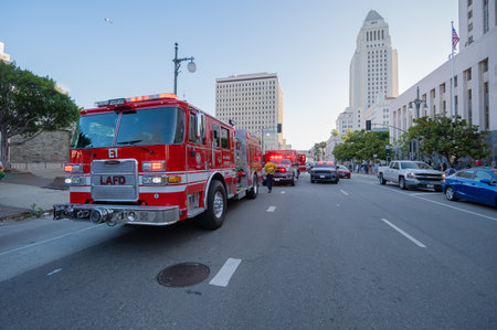 Los Angeles, USA â€“ June 8, 2025: Fire department truck during a downtown demonstration...