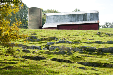 Red barn with attached silo and green fields.の写真素材