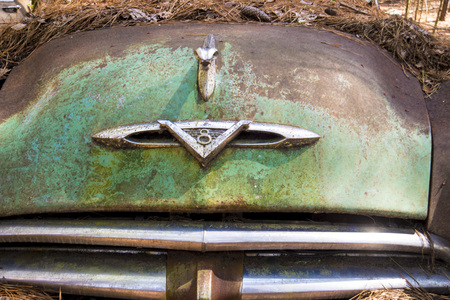 Green paint fading on an old rustic vehicle.の写真素材