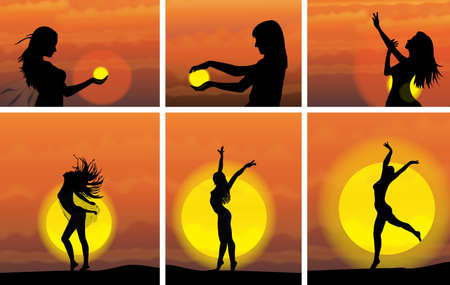 girl at sunset setのイラスト素材