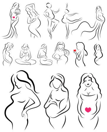 Set pregnant woman silhouette, pregnant sketch, isolated vector symbolのイラスト素材