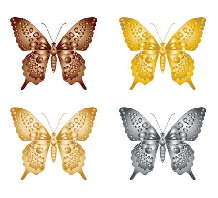 Set of gold silver butterfly on a white background, a collection of butterflies. Vector illustrationのイラスト素材