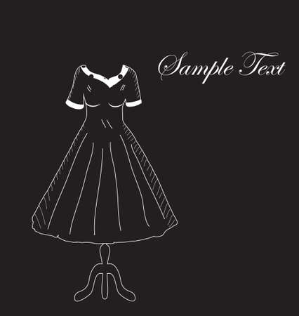 Retro dress on a hanger on a black background, hand drawing. Fashion, style invitation card. Vector illustration.のイラスト素材