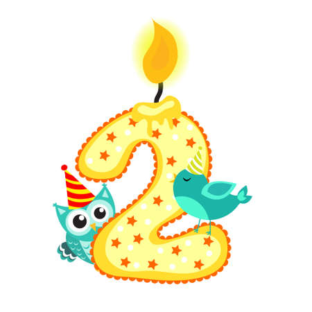 Happy Second Birthday Candle and Animals Isolated on white. The number two. Vector illustrationのイラスト素材